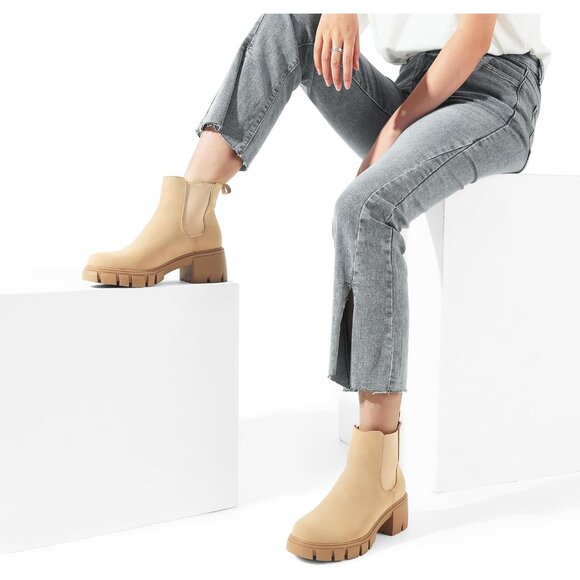 Dream Pairs Womens Nude Polyurethane (PU) Slip On Chunky Platform Ankle Boots - Picture 8 of 8